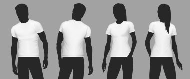 Gerçekçi t-shirt modeli siluet simgesi erkek ve kadın modeller tarafından giyilen beyaz t-shirtler