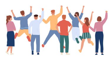 Flat cheering people composition group of people men and women cheering and bouncing vector illustration