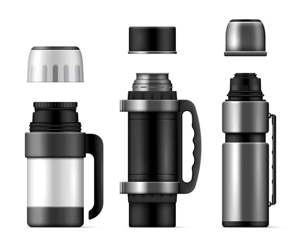 Realistic Thermos Cup Icon Set Three Thermoses Different Sizes Opening — Stockvektor