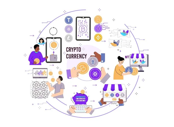 Cryptocurrency Transactions Composition Flat Icons Hands Holding Coins Gadgets Online — 스톡 벡터