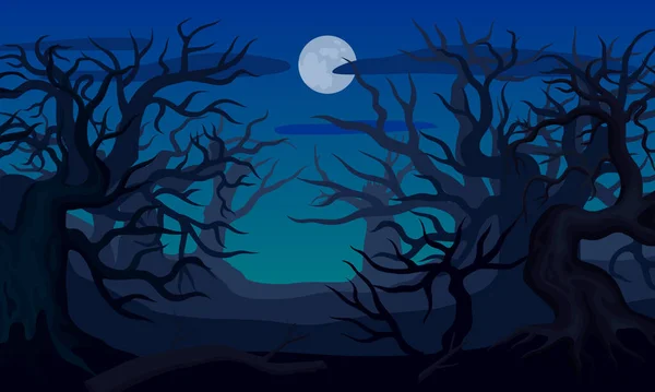 Flat Spooky Night Landscape Background Leafless Trees Full Moon Vector — 图库矢量图片