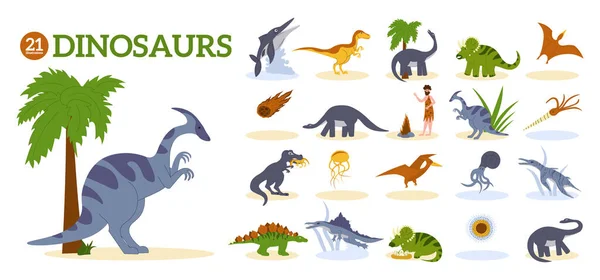 Dinosaur Flat Composition Different Representatives Inhabitants Ancient Eras Cartoon Vector — стоковый вектор