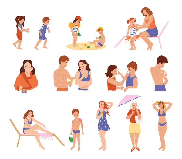 Sun Protection Set Flat Isolated Icons Doodle Human Characters Applying — Vetor de Stock