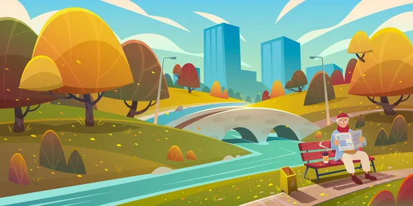 Cartoon Autumn Landscape City Park River Bridge Fallen Leaves Senior — Stock vektor