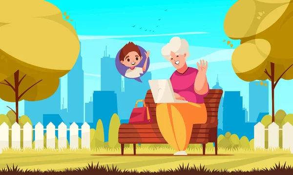 Old Relatives Composition Grandmother Making Video Call Grandson Park Cartoon — Archivo Imágenes Vectoriales