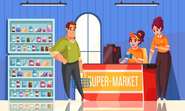 Teenager First Job Composition Young Girl Working Supermarket Cartoon Vector — Wektor stockowy