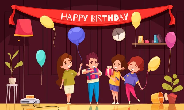 Birthday Celebration Party Children Giving Presents Cartoon Vector Illustration — Vetor de Stock