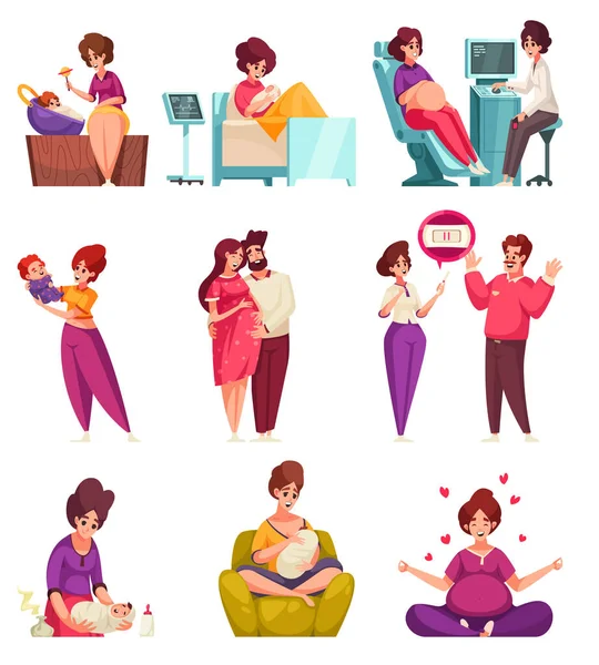 Pregnancy Maternity Cartoon Icons Set Pregnant Woman Happy Mother Newborn —  Vetores de Stock