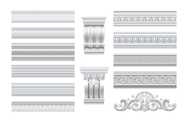 Fragments Seiling Crowns Skirtings Cornice Moulding Classic Style Isolated White — Archivo Imágenes Vectoriales