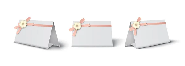Three White Cardboard Place Cards Decorated Pink Bow Flower Realistic — Διανυσματικό Αρχείο