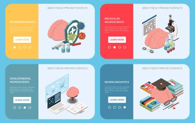 Isometric yatay moleküler gelişim nörodilbilim nöroimmünoloji nöroimmünoloji web pankartları mavi arka planda izole edilmiş 3d vektör çizimi
