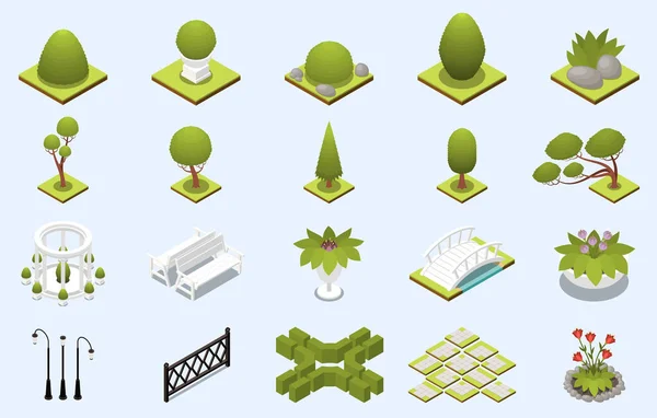 Парковий Ландшафтний Дизайн Елементами Природи Ізометричний Набір Векторні Ілюстрації — стоковий вектор