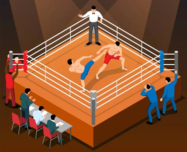 Isometric Martial Arts Kickboxing Composition Indoor View Boxing Ring Fighting — Vector de stock