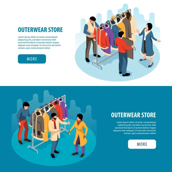 Isometric Outerwear Store Set Two Horizontal Banners Editable Text More — Διανυσματικό Αρχείο