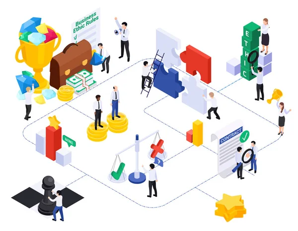 Business Ethics Isometric Composition Set Isolated Conceptual Icons Flowchart Connected — 스톡 벡터