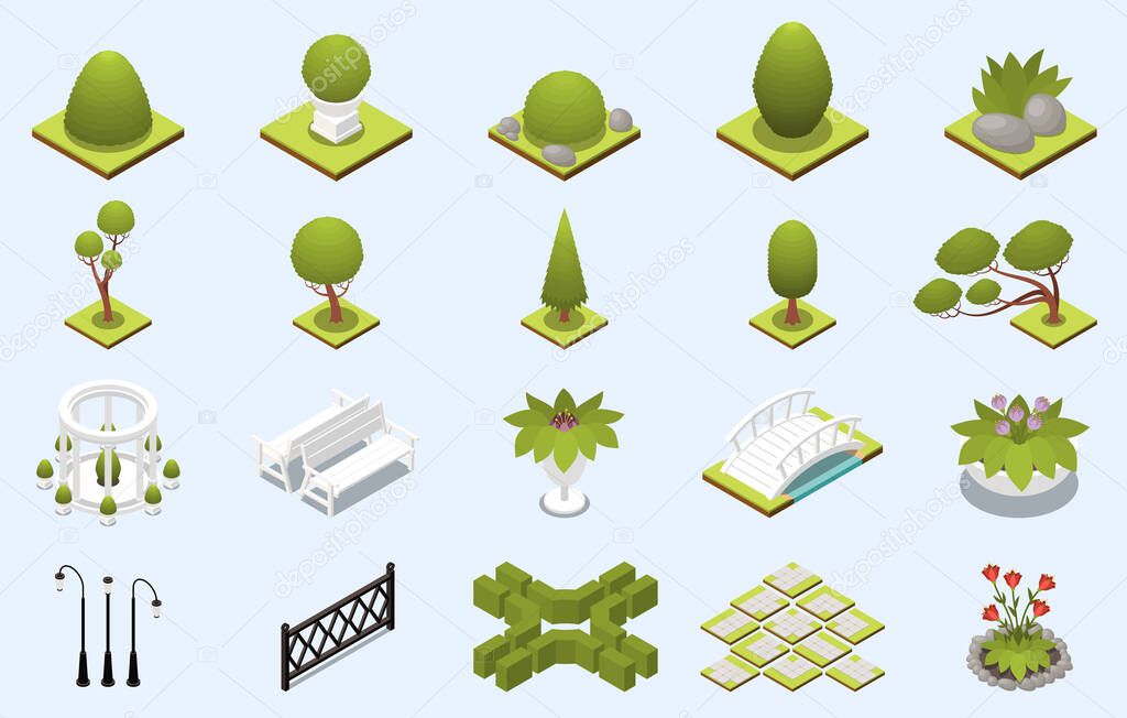 Park landscape design with nature elements isometric set isolated vector illustration