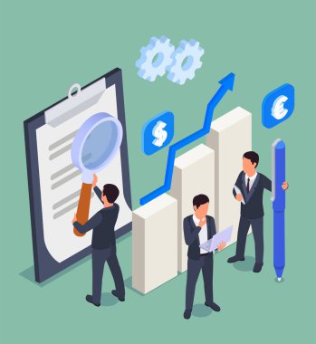 Veri analistleri ve eğilim araştırmacıları vektör illüstrasyonuyla modern gelecekteki meslekler izometrik kavram