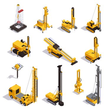 Beyaz arkaplan 3d vektör illüstrasyonuna karşı izole edilmiş kuyu kazmak için çeşitli makine türleri Isometric set