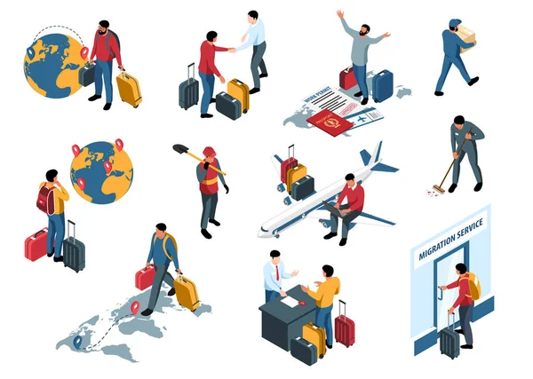 Isometric Set Migrant Workers Travelling Suitcases Doing Work Isolated Vector — 스톡 벡터