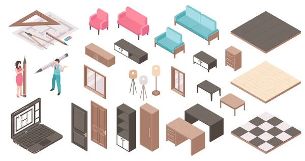 Isometric Interior Design Project Set Icons Furniture Plans Accessories Isolated — Vettoriale Stock