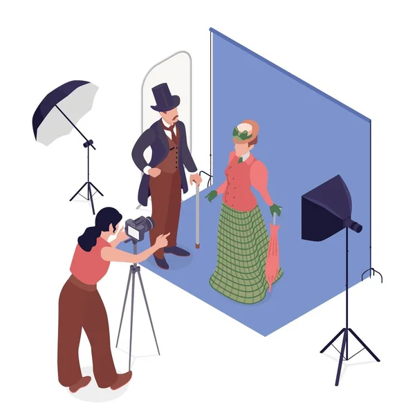 Cosplay Photo Session Isometric Vector Illustration Man Woman Vintage Dress — Wektor stockowy