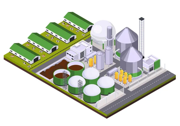 Biopalivové Izometrické Složení Venkovním Výhledem Výrobní Areál Zemědělskými Budovami Zvířecími — Stockový vektor