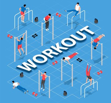 Mavi arkaplan 3d vektör illüstrasyonuna karşı çubuklar üzerinde egzersiz yapan adamlarla Isometric egzersiz akış şeması