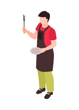 Isometric bbq barbekü partisi bileşimi ve arka plandaki boş vektör illüstrasyonunda izole edilmiş insan karakteri.
