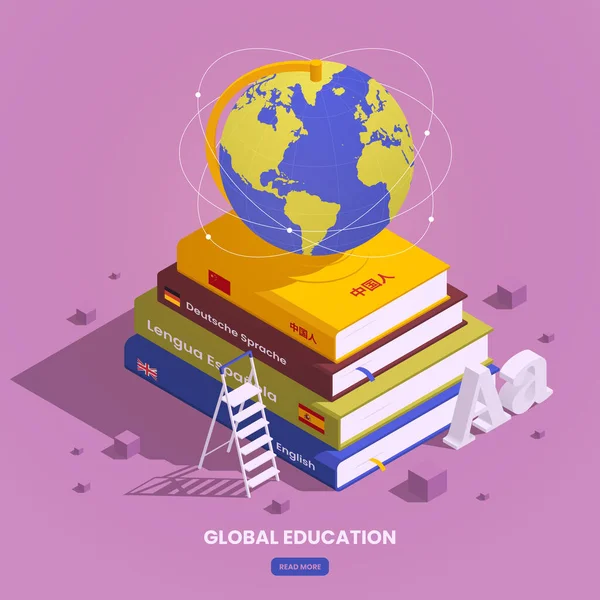 Global Education Student Exchange Isometric Composition Earth Globe Stack Books — Stock Vector