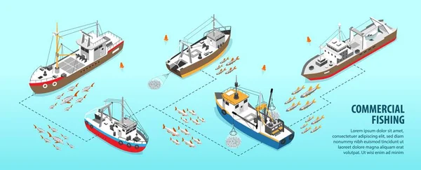 Isometric Infographics Commercial Fishing Boats Fish Shoals Blue Background Vector — Vetor de Stock