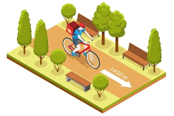 Delivery Man Riding Bicycle Park Isometric Vector Illustration — Archivo Imágenes Vectoriales