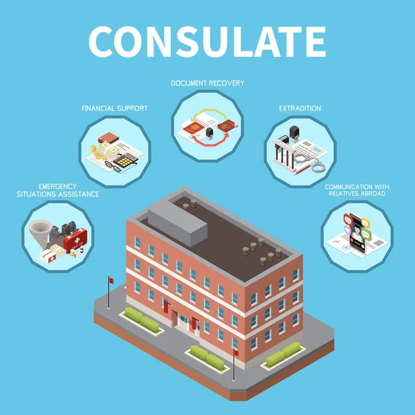 Consulate Isometric Background Representing Financial Support Document Recovery Extradition Communication — ストックベクタ