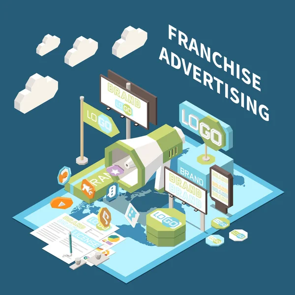 Franchise Advertising Isometric Composition Elements Promoting Successful Brand Vector Illustration —  Vetores de Stock