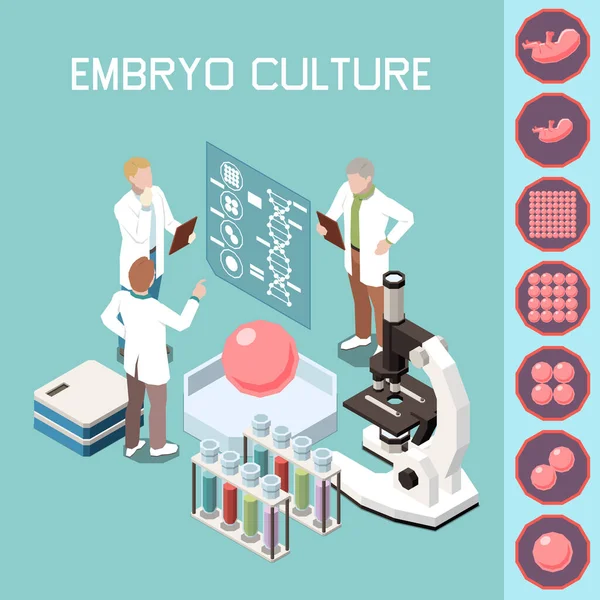 Embryo Culture Isometric Background Group Scientists Discussing Problems Artificial Insemination —  Vetores de Stock