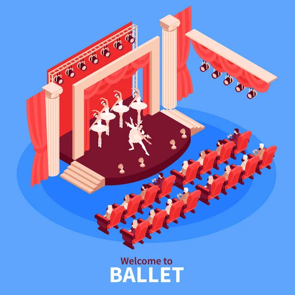 Isometric Ballet Composition Withg Ballerinas Theatre Stage Isolated Vector Illustration — Stock Vector