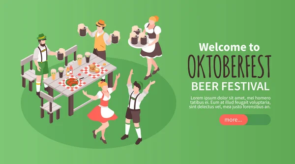 Isometric Oktoberfest Festival Horizontal Banner Happy People Drinking Beer Vector — Archivo Imágenes Vectoriales