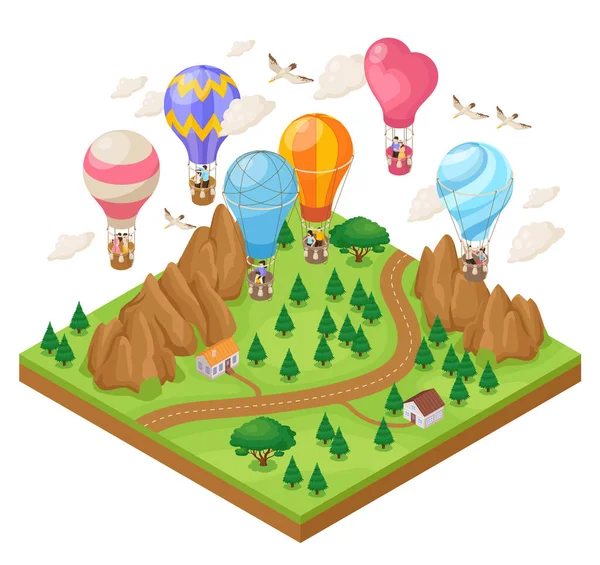Isometric Hot Air Balloon Travel Beautiful Valley Vector Illustration — Vettoriale Stock