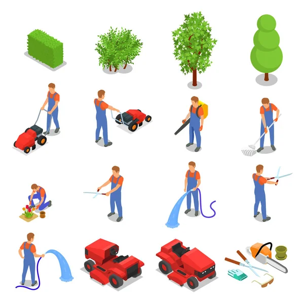 Professional Gardening Isometric Set Specialists Working Lawn Mowing Planting Flowers — Stok Vektör
