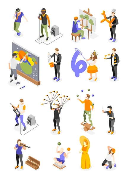 Set Isolated Human Characters Street Artists Isometric Icons Performance Tools — Stock Vector