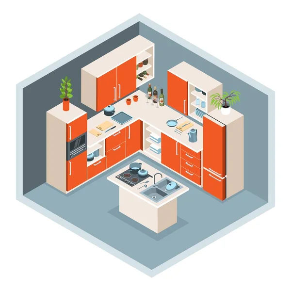 Isometric Kitchen Interior Composition Corner View Kitchen Designer Furniture Colored — Stockvektor