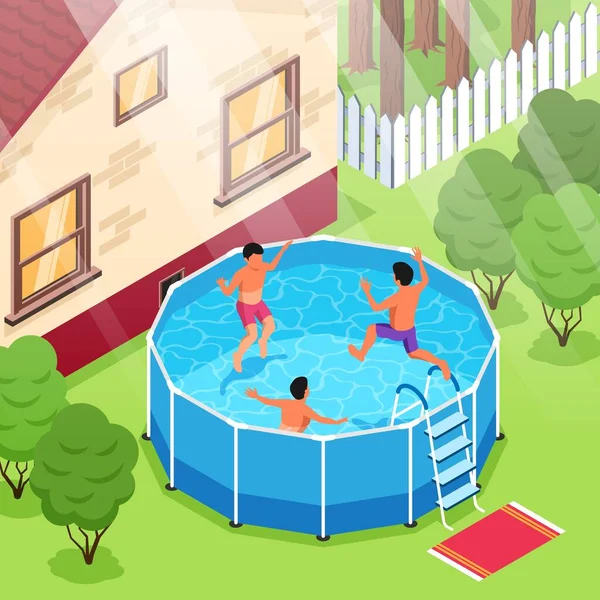 Isometric Swimming Pool Composition Outdoor View Suburban House Backyard Kids — Vettoriale Stock
