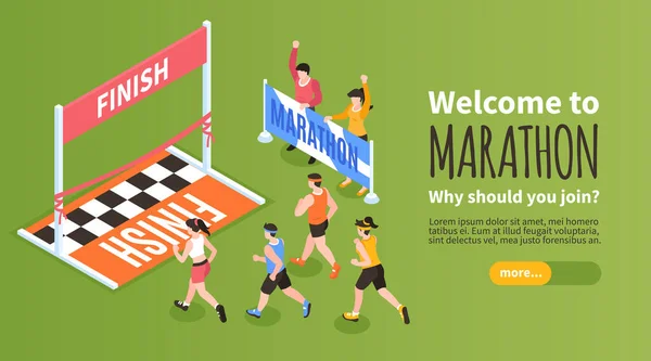 Isometric Marathon Horizontal Banner People Running Finish Line Vector Illustration — 图库矢量图片