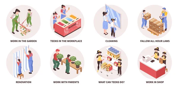 Teenagers Work Isometric Composition Set Young People Working Stores Garden — ストックベクタ