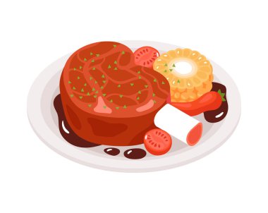 Servis edilen gurme yemek vektör illüstrasyonunun izole edilmiş görüntüsüne sahip Isometric restoran kompozisyonu