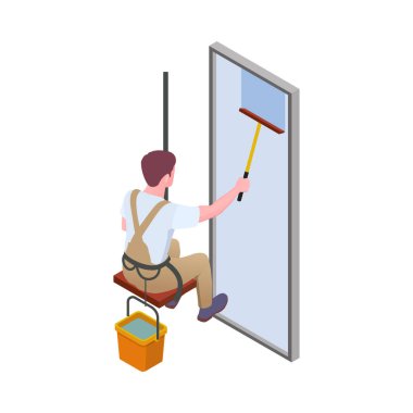 İzole edilmiş insan karakteri ile izometrik bileşim temizleme tekdüze vektör çizimi