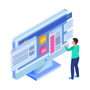 Yapı elemanları ve karakter vektör illüstrasyonuyla Web geliştirme izometrik konsepti