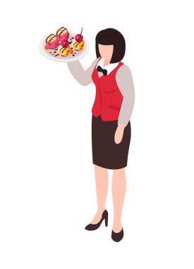 Yalıtılmış insan karakterine sahip Isometric restoran kompozisyonu tepsi vektör illüstrasyonu ile garson