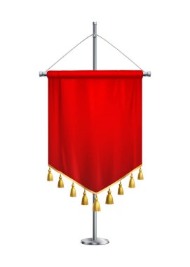 Metal kule üzerinde altın püsküllü kırmızı saten flama gerçekçi vektör çizimi