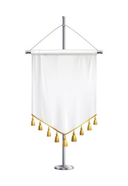 Blank white pennant with golden fringe on metal spire pedestal realistic vector illustration