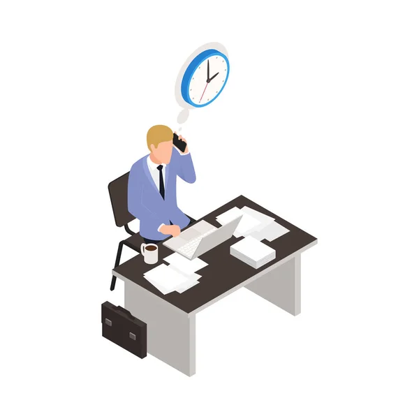 Time Management Isometric Concept Businessman Workplace Office Vector Illustration — Vetor de Stock